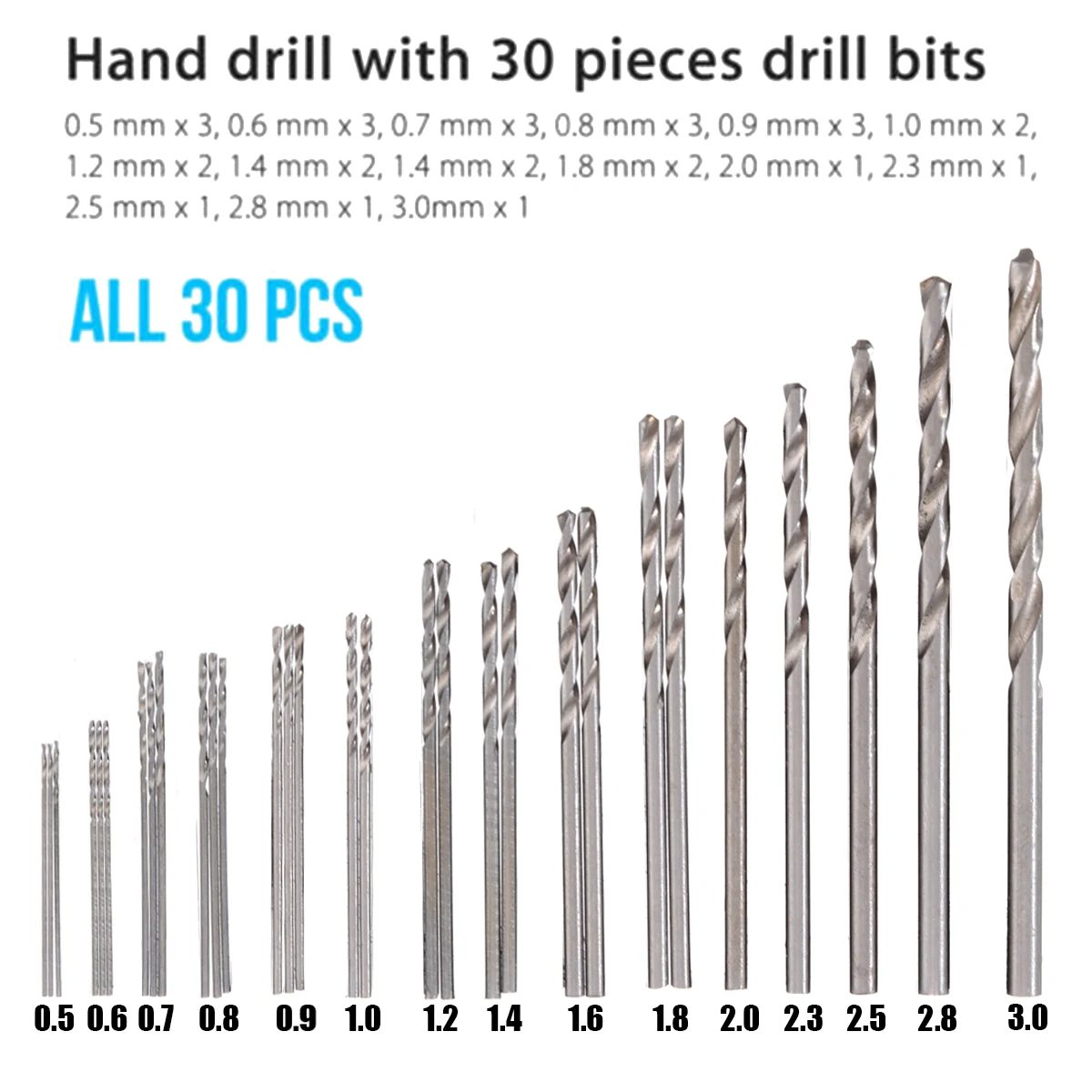 31pcs 0.5mm-3mm Hand Twist Drill Bits Set DIY Precision Hand Spiral Drill Micro Drill Bit Rotary Tool
