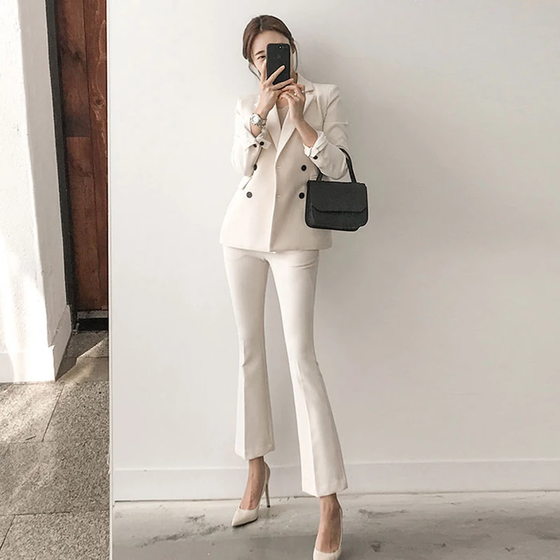 

Suit female 2020 spring and autumn Korean version of the slim flared trousers suit two-piece solid color wild women's clothing