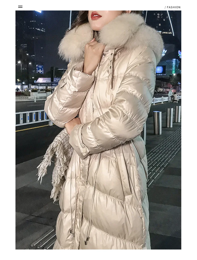 Зима, стиль, белый утиный пух, Лисий большой меховой воротник, средней длины, пуховик, женский корейский стиль, плотное пальто выше колена