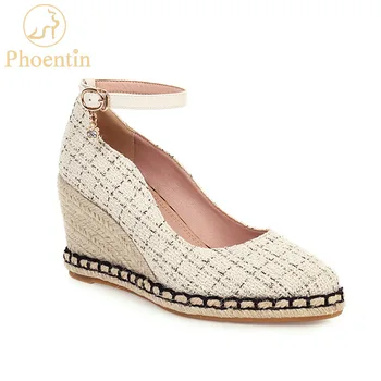 

Phoentin ankle strap platform heels 8cm 2020 Checkered pattern dress shoes woman valentine shoes wedges black large size FT835