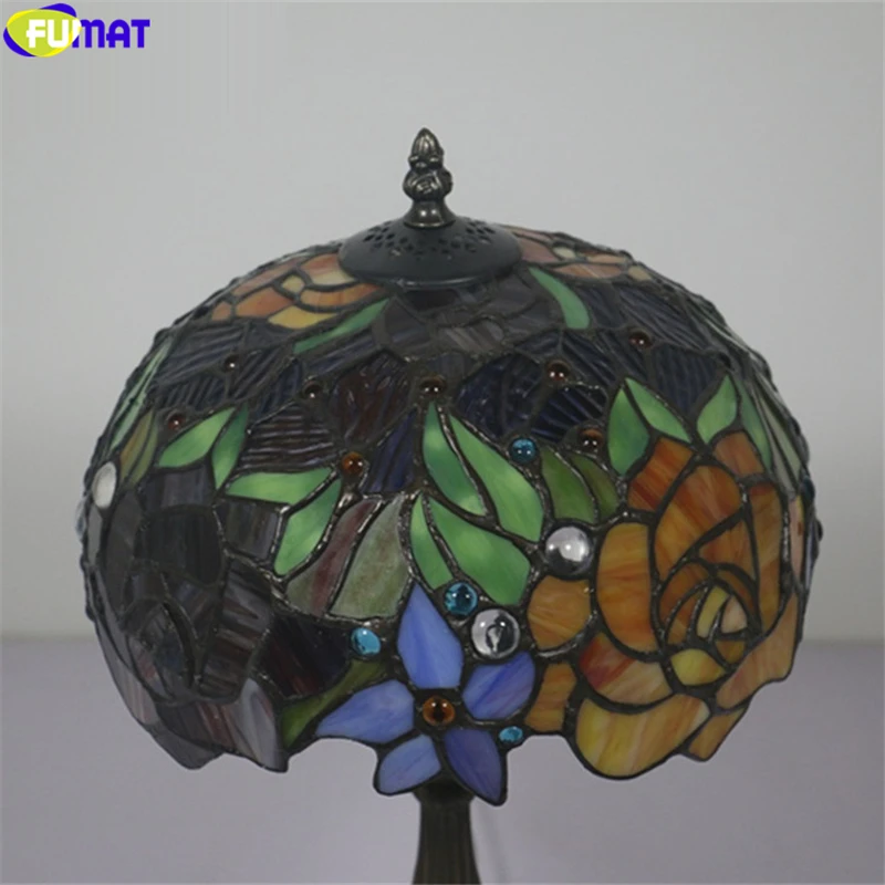 FUMAT Tiffany Style Table Lamps Red Yellow Rose Stained Glass Desk Lights Handcraft Arts Home Decor European Lighting