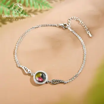 

Lotus Fun Natural Tourmaline Gemstone Simple Multicolor Round Bracelet Real 925 Sterling Silver Fine Jewelry Bracelets for Women