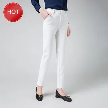 

Women Casual Long Trousers Solid Elastic Waist Cotton Linen Pants Ankle Length Pants Spring Autumn
