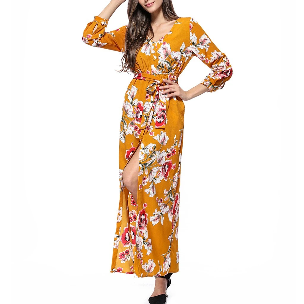 Loose Dresses Long Sleeve Winter Bohemian Beach Women Floral Print  Runway Dress Autumn Party Night Sundress Vestidos 822