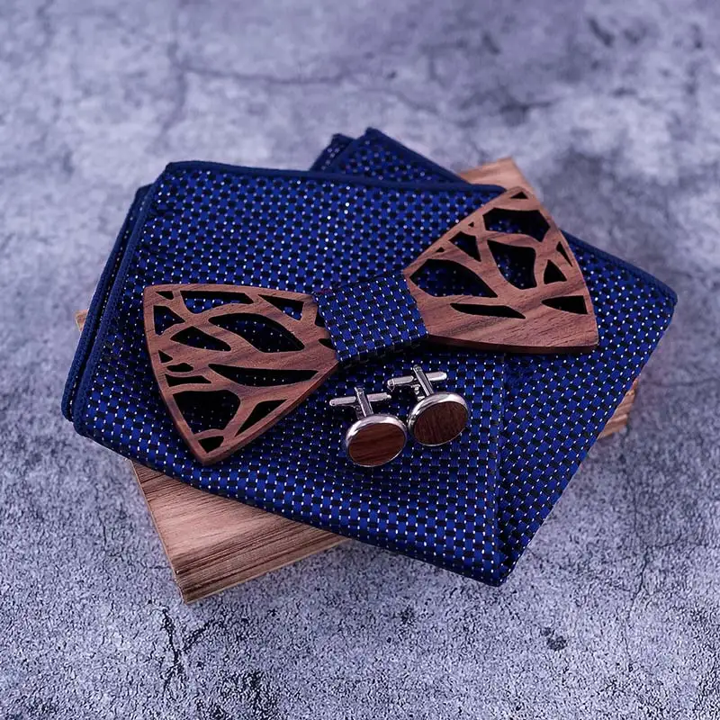Wooden Bow Tie Handkerchief Set Men's Plaid Bowtie Wood Hollow carved cut out Floral design And Box Fashion Novelty ties