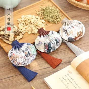 

Vintage Handmade Chinese Style Jewelry Storage Bag Confucius Lao Tzu Mencius Printing Sachet Lucky Jade Tassel Drawstring Bag