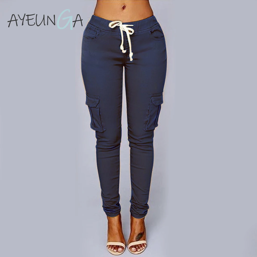 Economici Delle Donne a vita alta Pantaloni casual Nero Lungo Streetwear Pantalones De Mujer Tasche Fiocchi e Fasce Ufficio Delle Signore Pantaloni Della Tuta Per Le Donne