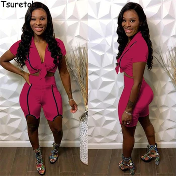 

Tsuretobe Sexy 2 Piece Set Women Crop Top Biker Shorts Hollow Out Matching Sets Summer Clothes For Women Patchwork Club Outfits