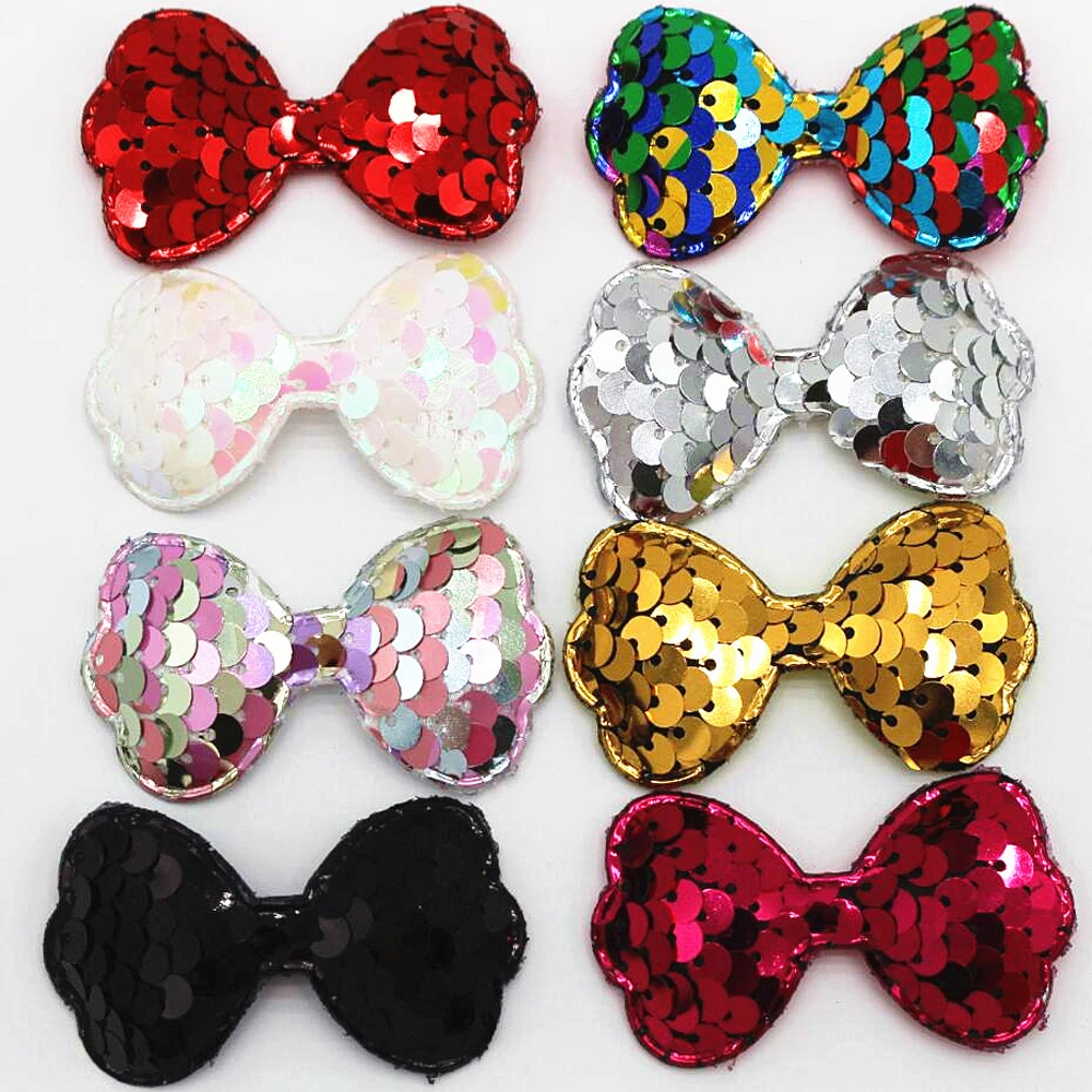 

20PCS 65mmx42mm colorful reversible bow sequins patch hairpin glitter DIY crafts decoration mixed cloth paste fashion
