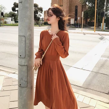 

Women Dress High Waist Elegant Pleated Dress Simple Retro Temperament Knitted Dress