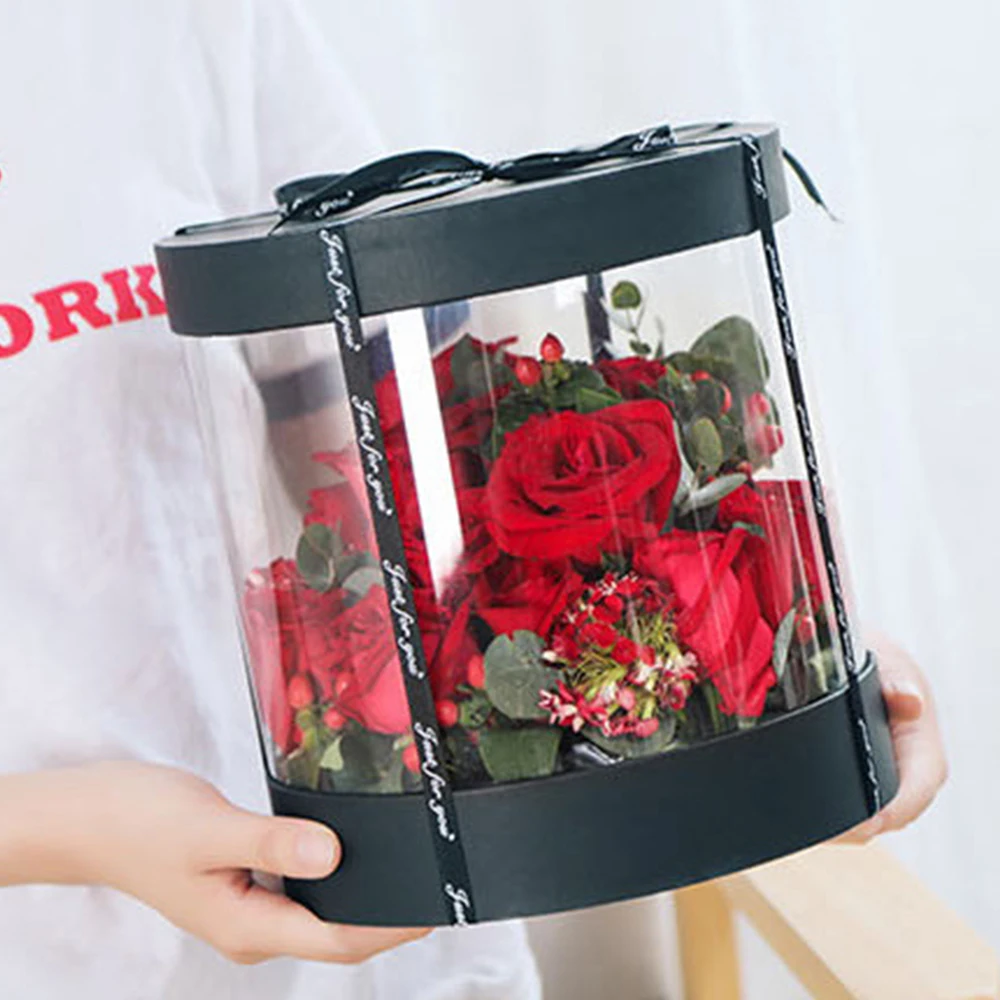 Round Flower Paper Boxes Hug Florist Flowers Bucket Transparent Cake ...