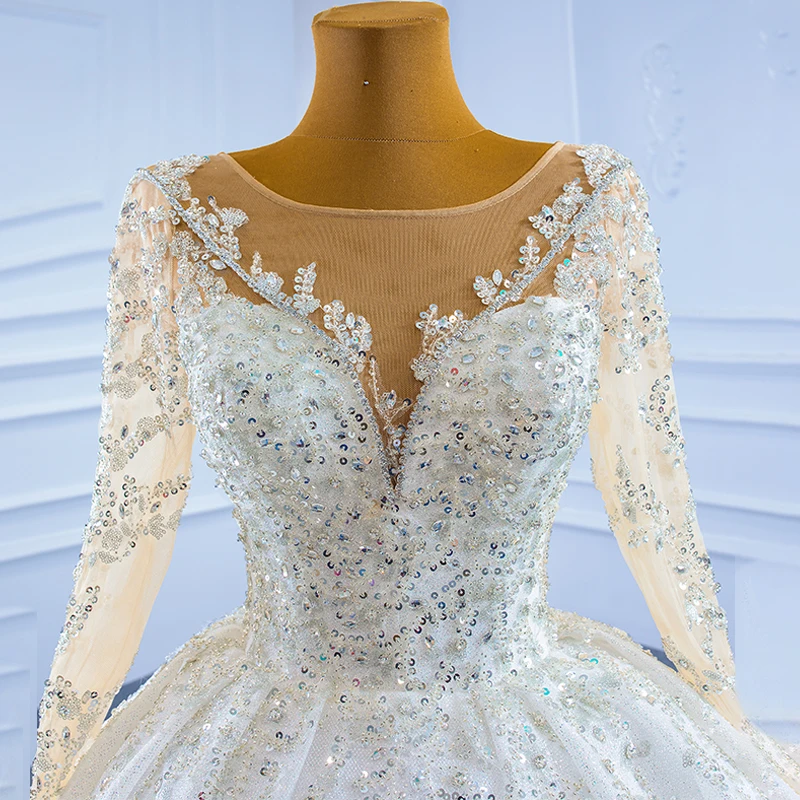 J67257 JANCEMBER New Style White Shiny Rhinestone Bridal Wedding Dress Long Sleeve Transparent Sequined свадебное-платье 2021 5
