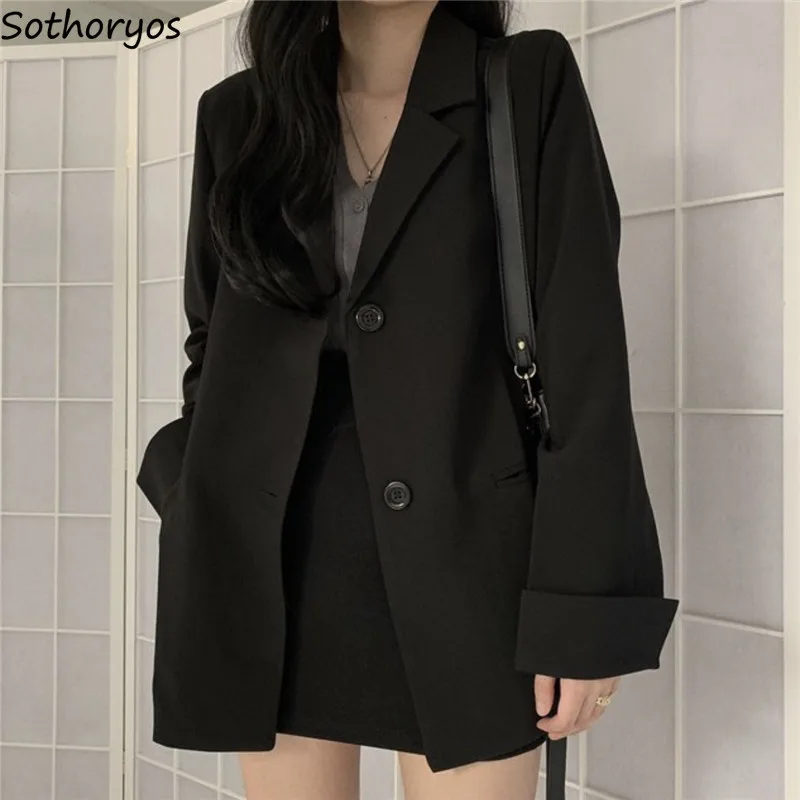 Black Formal Business Blazers Women Elegant Straight Oversize Spring Office Ladies England Style Retro Solid Long Sleeve Tops | Женская