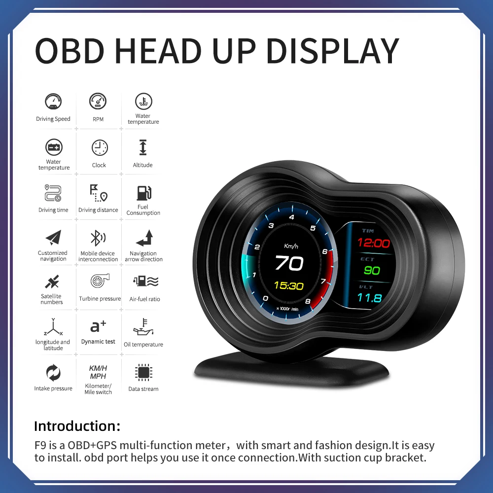 New F9 HUD OBD2 Head Up Display car GPS gauge navigation Digital Speedometer Projector Turbo Oil Temp car Electronic computer