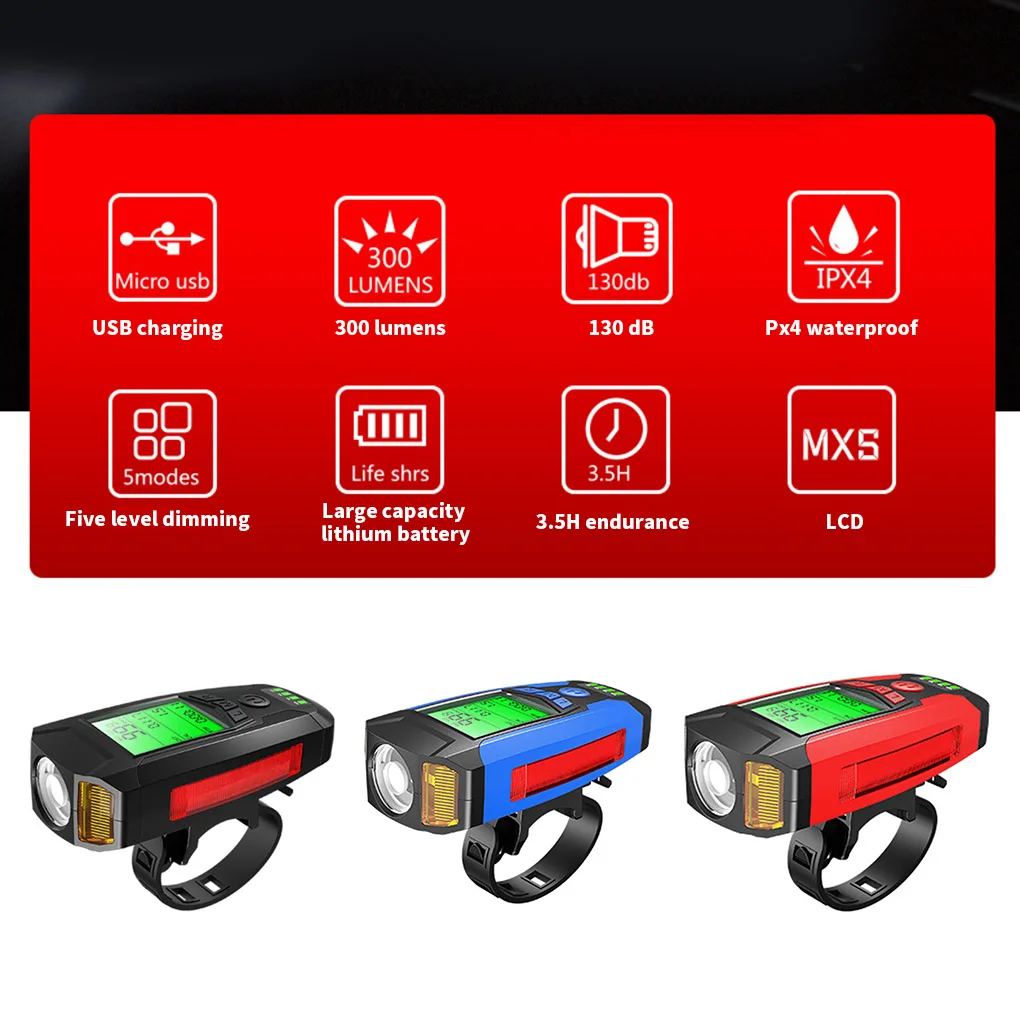 3 in 1 USB Bike Front Light 5 LED Bicycle Computer Horn Bicycle Flashlight IPX4 Waterproof Odometer Computer Speedometer