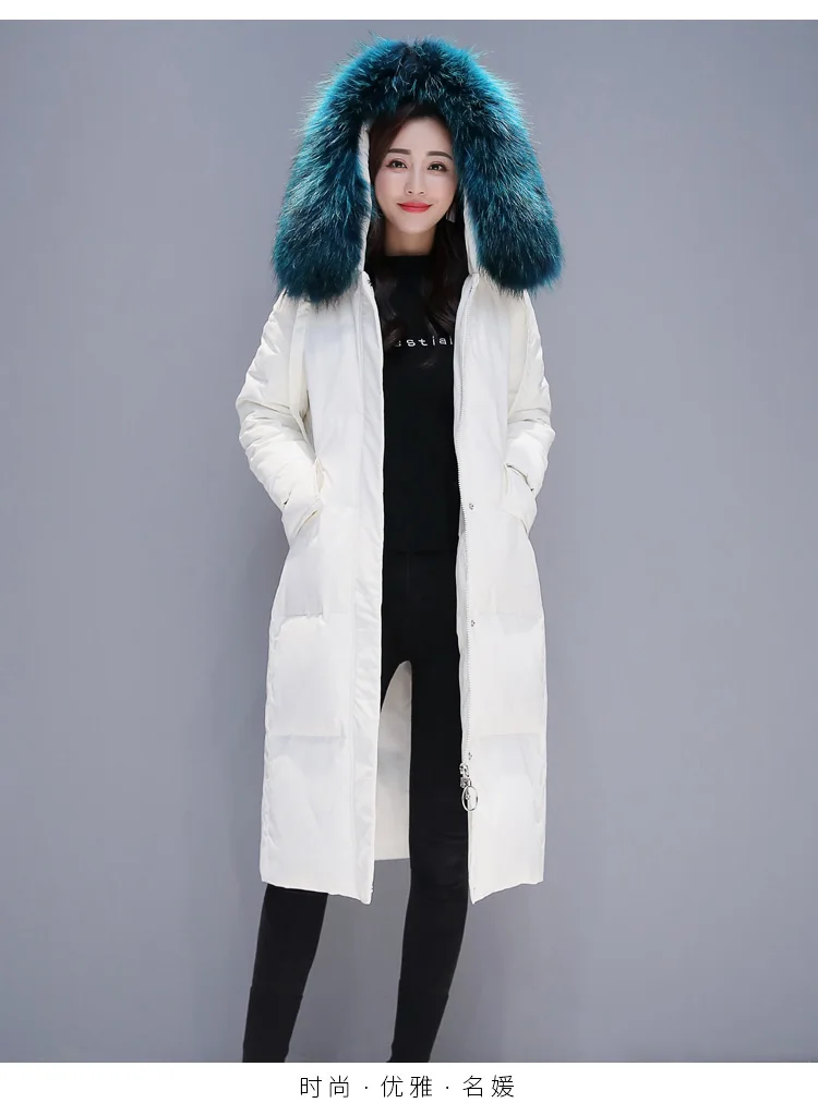 Женская пуховая куртка в западном стиле средней длины, зима, стиль, выше колена, толстый цвет, большой меховой воротник, белый утиный пух