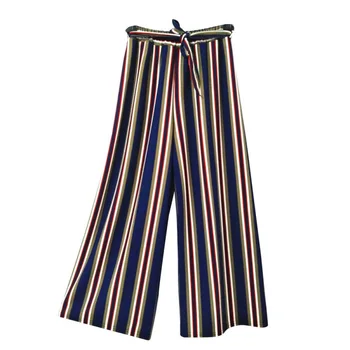 

2019 Spring Summer Fashion Navy Blue Striped Cropped Trousers Women Elegant Wide Leg Pants Lace-up High Waist Loose Pants