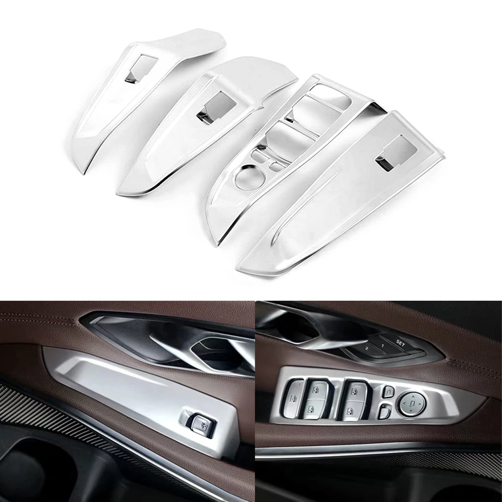 

JEAZEA 4Pcs Silver Plastic Car Door Armrest Panel Handle Holder Window Lift Switch Button Cover Trim Fit For BMW 3 Series 2020