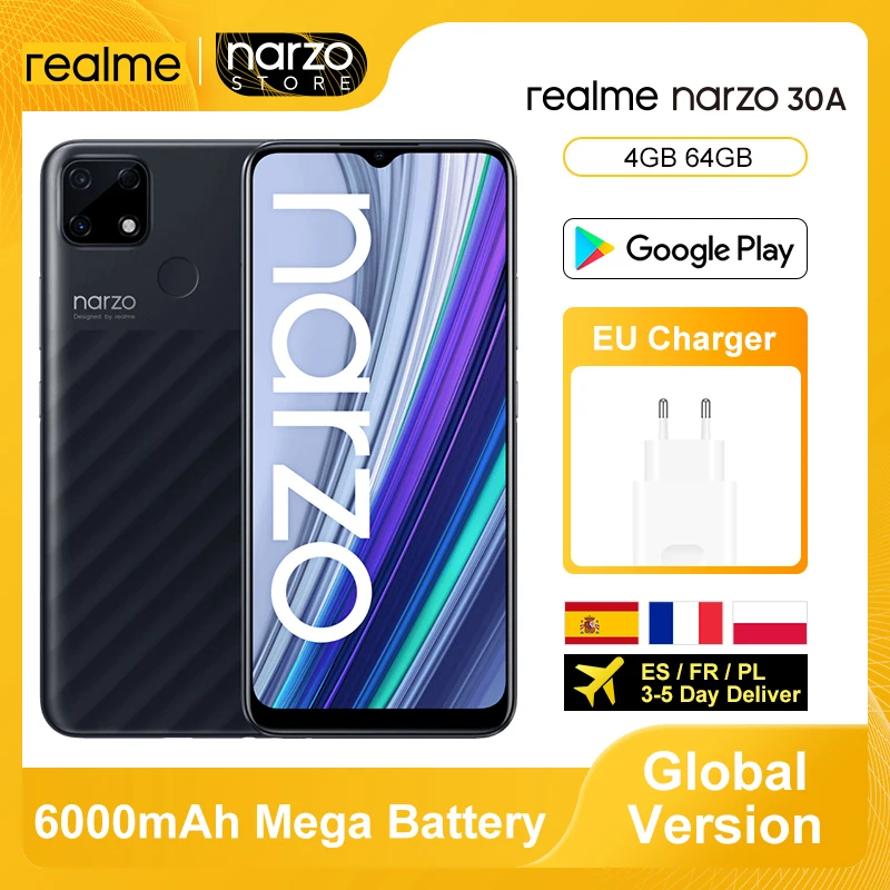 Global Version Realme Narzo 30A Smartphone 4GB 64GB Helio G85 6.5 Inch Fullscreen 13MP AI Dual Camera 6000mAh 18W Quick Charge