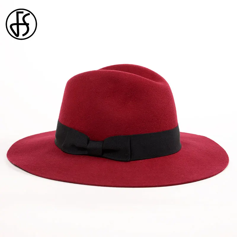 Wine Red2 Wool Hats FS женские зимние церковные шляпы, Женская Элегантная черная шерстяная шляпа, фетровые шляпы с широкими полями, Панама, котелок, шляпа Трилби, фетровые шляпы для похода в церковь - Цвет: Wine Red2 Wool Hats