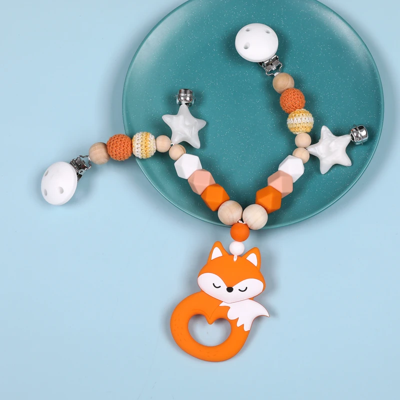 Baby Teethers Silicone Animals Rodent Beech Wooden Rattles Crochet Beads Teething Baby Toys Pendant Pacifier Clip Stroller Chain