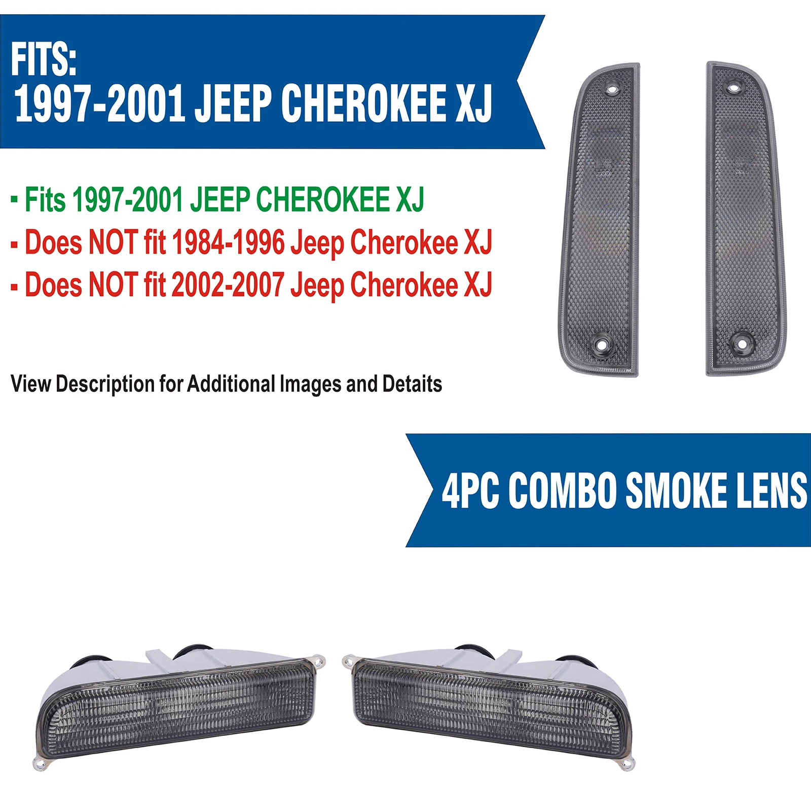 Signal Lights COMBO Smoke Bumper Turn Signal + Corner Side Marker Lamps Set Left + Right Fits for Jeep 97-01 XJ side marker light