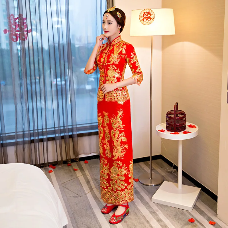 Chinese Bride Wedding Qipao Cheongsam Satin Skirt chinese dress female evening dress