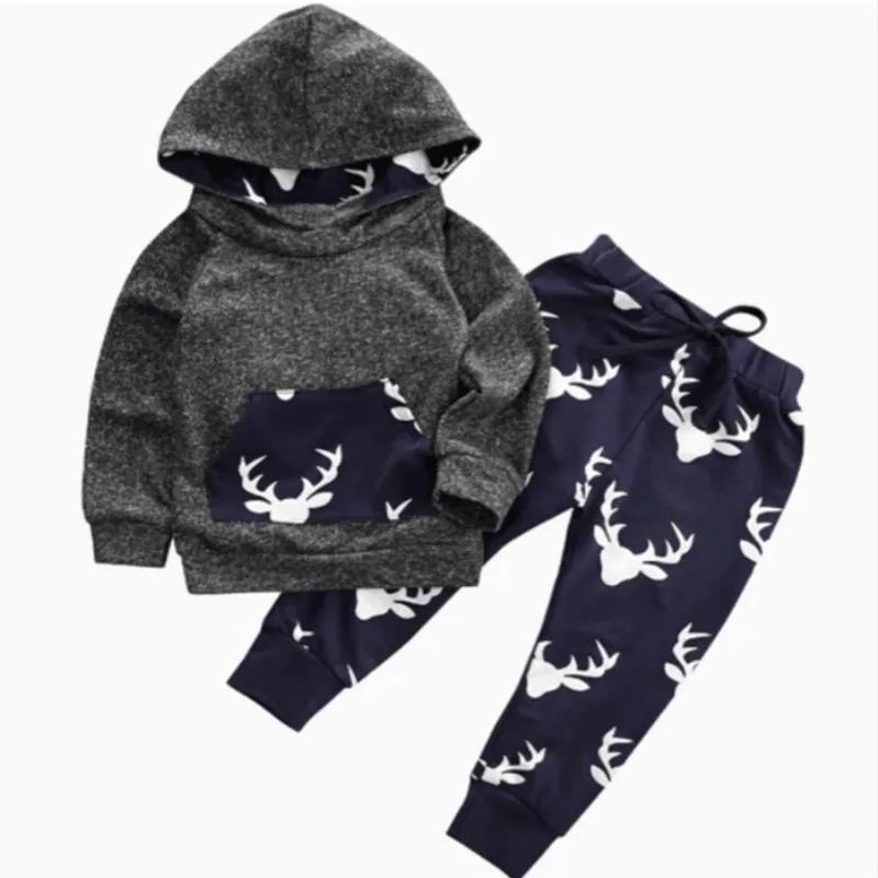 Комплект одежды для маленьких мальчиков; сезон осень-зима; Теплая Одежда для новорожденных; топы с рисунком оленя; толстовка с капюшоном и штаны; Рождественская Одежда для маленьких мальчиков и девочек