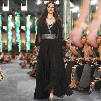 

Eightree Robe de Soiree Puff Sleeve Evening Dresses V Neck Beading Arabic Formal Prom Dress Special Long Prom Party Gown