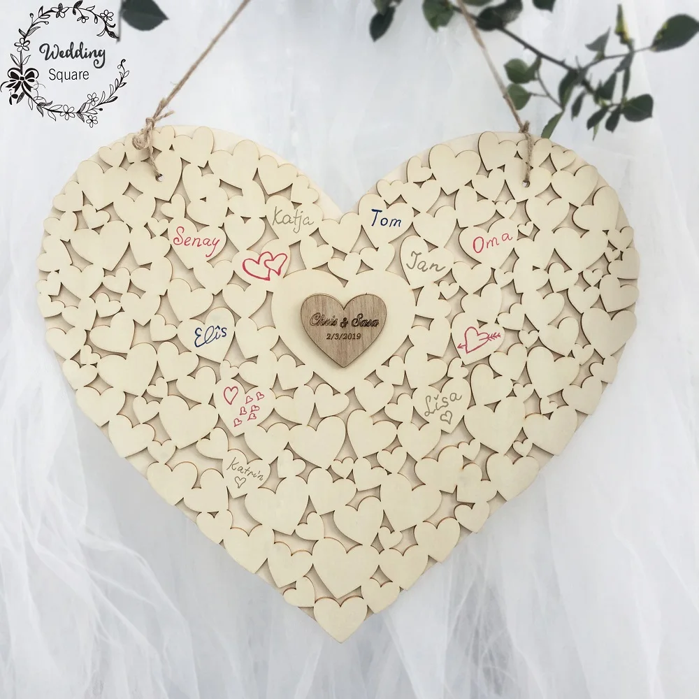 

Personalizado en forma de corazÃ³n de madera, libro de visitas de boda, libro de seÃ±al, colgante de corazÃ³n, libro de invitados d