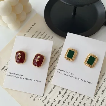 

S925 Silver Needle Wine Red Color Rose Ear Stud Retro Geometry Square Earrings Small Clip-on Oil Drop Green Ear Stud