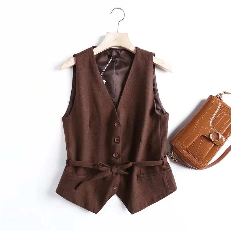 Dave&Di Blazers Women England Style Office Lady Sleeveless Single Breasted Sashes Fashion Simple Vest Women Short Tops Women women solid colors buttonless blazer formal clothing all match commute casual short suit 2023 office lady new fashion blazers