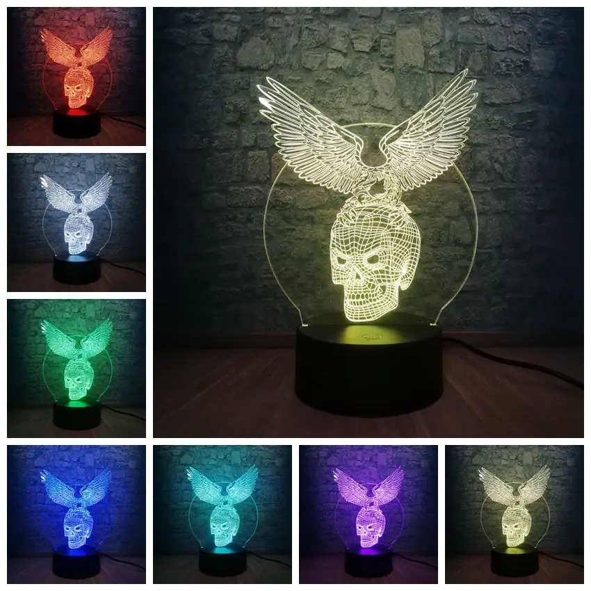 Каратель Череп 3D светодиодный цвет ночник меняющая лампа Хэллоуин Череп 3D иллюзия голограммы настольная лампа для детей подарок - Испускаемый цвет: Black base 2