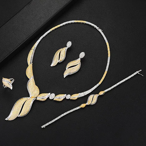 GODKI Noble Gorgeous Luxury 3 Colors 4PCS Bangle+Ring+Necklace+Dangle Earrings Jewelry Set for Women Bridal Wedding Jewelry Sets - Окраска металла: Bicolor