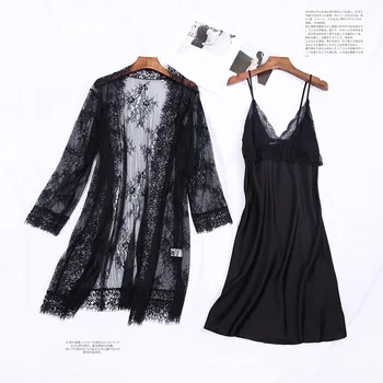 

Black Sexy Lace Perspective 2PCS Sleepwear Female Robe Set 2PCS Nighty&Robe Suit Silky Kimono Robe Gown Satin Home Clothes