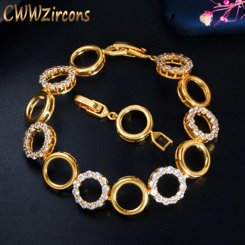 CWWZircons мода желтое золото круглый блестящий кубический цирконий камень теннисный браслет для женщин ювелирные изделия для лучших друзей подарок CB203