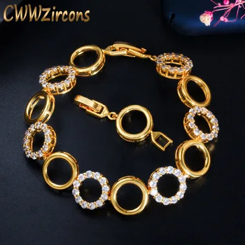 

CWWZircons Fashion Yellow Gold Round Shiny Cubic Zirconia Stone Tennis Bracelet for Women Best Friends Jewelry Gift CB203