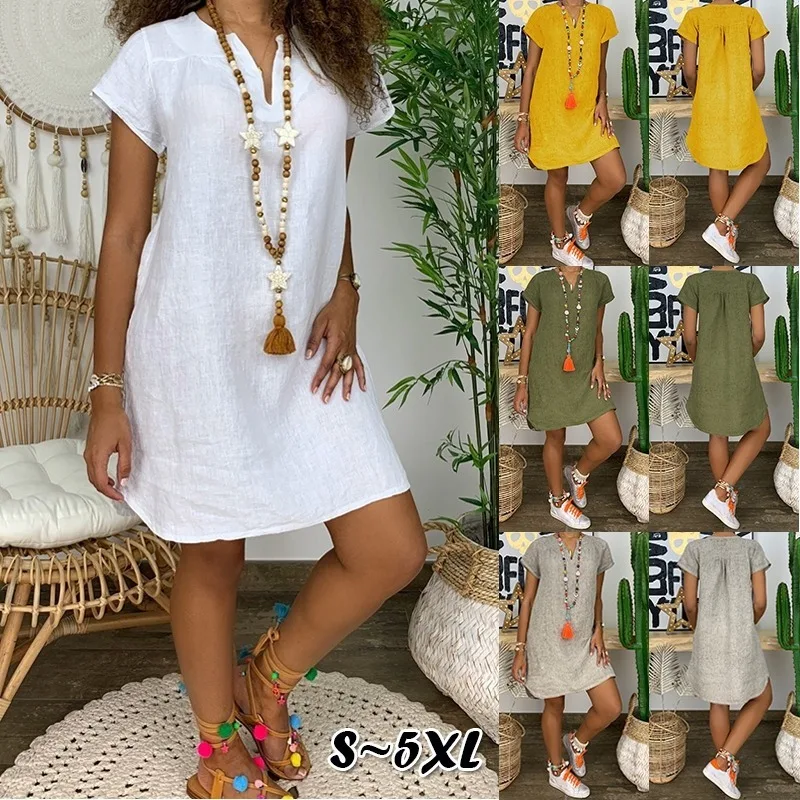 

Women Loose Solid Color Dresses Short Sleeve V-neck Plus Size Maxi for Summer 2020 Boho Dress