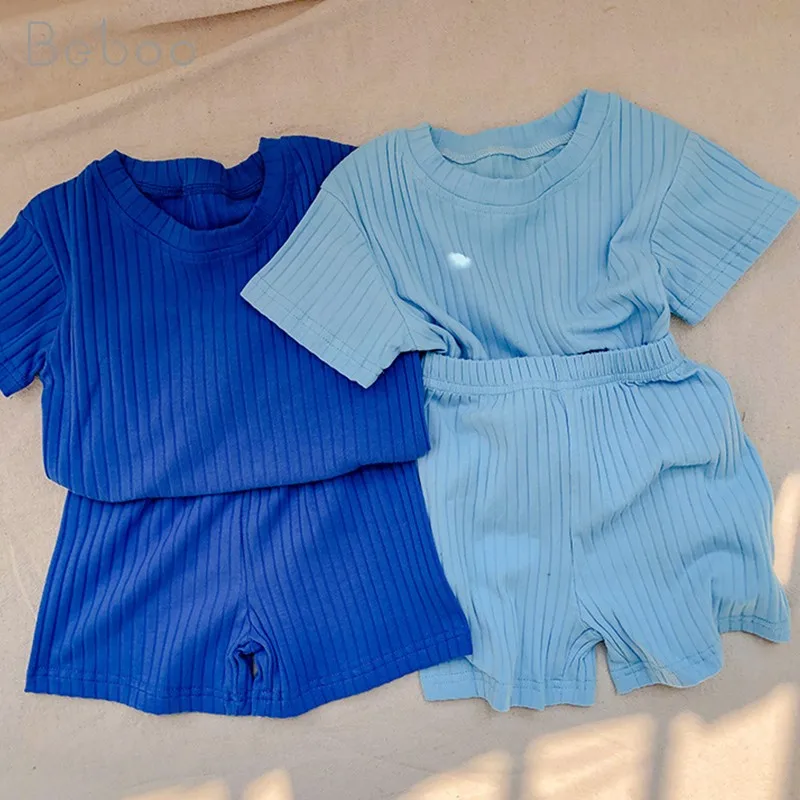 

Ins Korean Children Suit For Boys And Girls 2023 Summer Baby Clothes Short Sleeve Tops+Shorts Knitted Casual Home Pajamas 2-5y