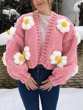 

Macheda Autumn winter fund 3D flower decorates knit short sweater coat pink girl wind sweet sweater coat loose soft comfortable
