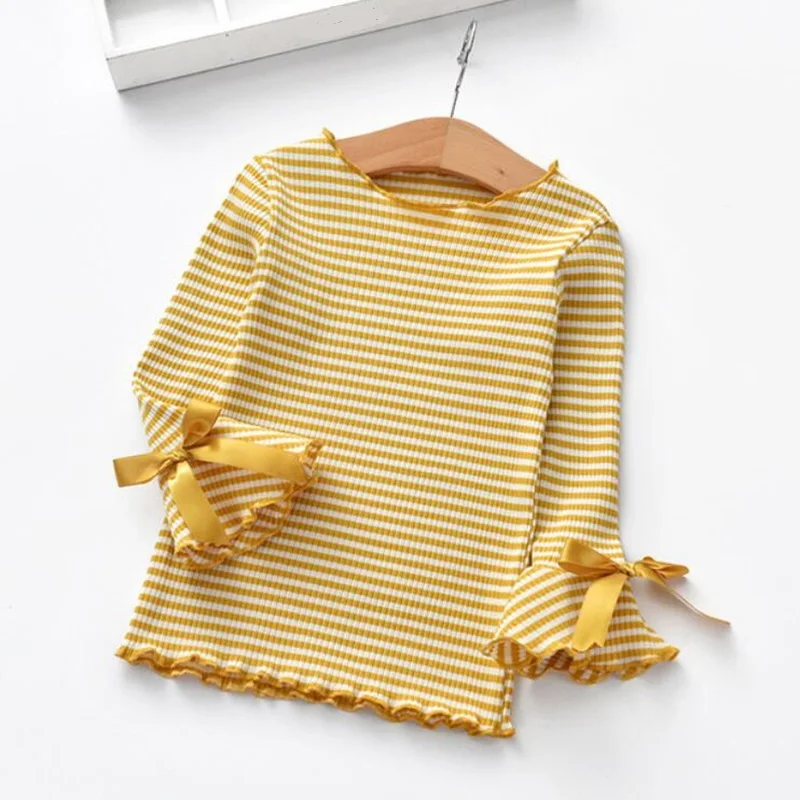 Girl Striped Bow Blouse Cotton T-Shirt Kids Shirts Baby Toddler Long Sleeve Shirt School Girls T Shirt Tops Tee Children Clothes