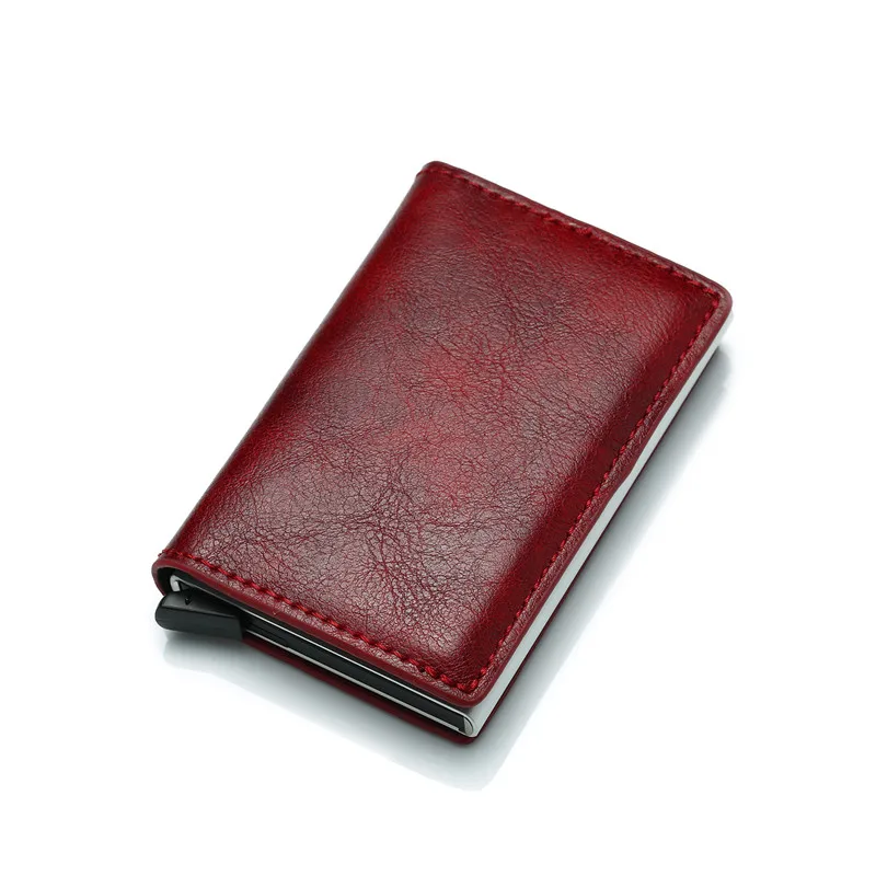 Автоматический Металлический кредитный держатель для карт с блокировкой RFID, винтажный Противоугонный мужской кожаный бумажник, алюминиевый чехол для банковских карт - Цвет: Red