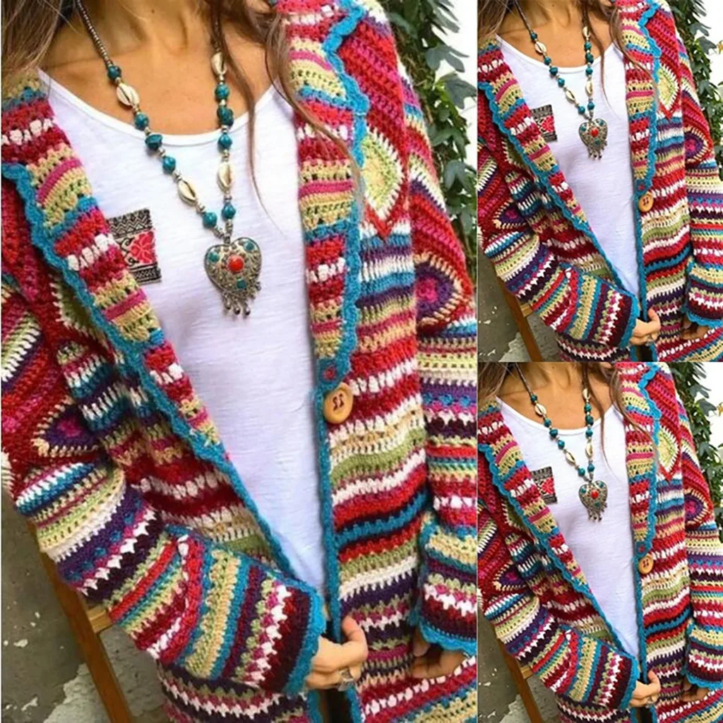 Womail, разноцветный принт, этнический стиль, повседневный зимний модный кардиган, вязаный свитер, женские топы, длинные, nouveaute mujer