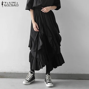 

Women's Summer Asymmetrical Skirts ZANZEA 2020 Fashion Ruffle Vestidos Casual Solid Maxi Skirts Female Faldas Saia Plus Size
