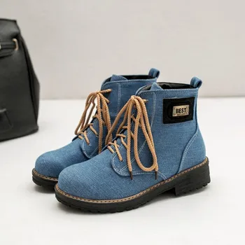 

US4-11 Womens Roune Toe Denim Jeans Flock Ankle Boots Lace Up Oxfords Metal Sheet Punk Motorcycle Shoes 5Colors Plus Size C899