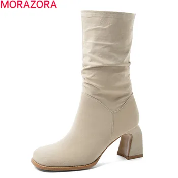 

MORAZORA New arrival women boots thick high heels square toe solid color ladies shoes genuine letaher winter mid calf boots