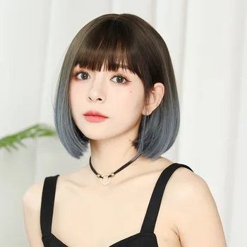 

DIANQI 14 Inch Women Cosplay Wigs Natural Comfortable Synthetic Bob Wig for Women Ombre Blue Haze Shoulder Short Straight Hair