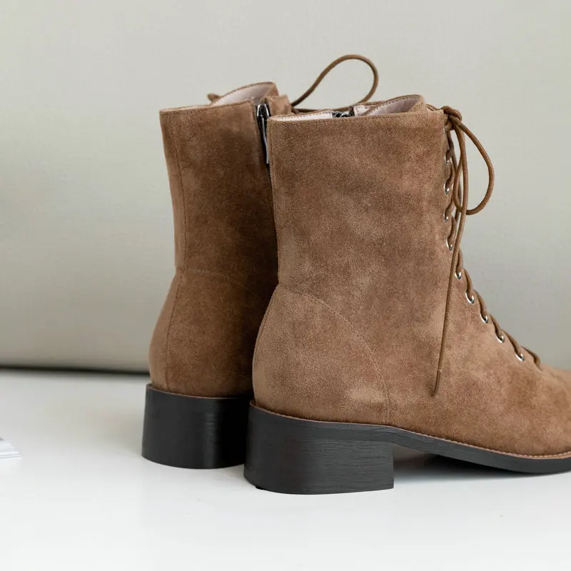 Brand Suede Leather Chelsea Boots Women lace up Ankle Boots Handmade Autumn Winter Thick Heels Comfortable Shoes Woman
