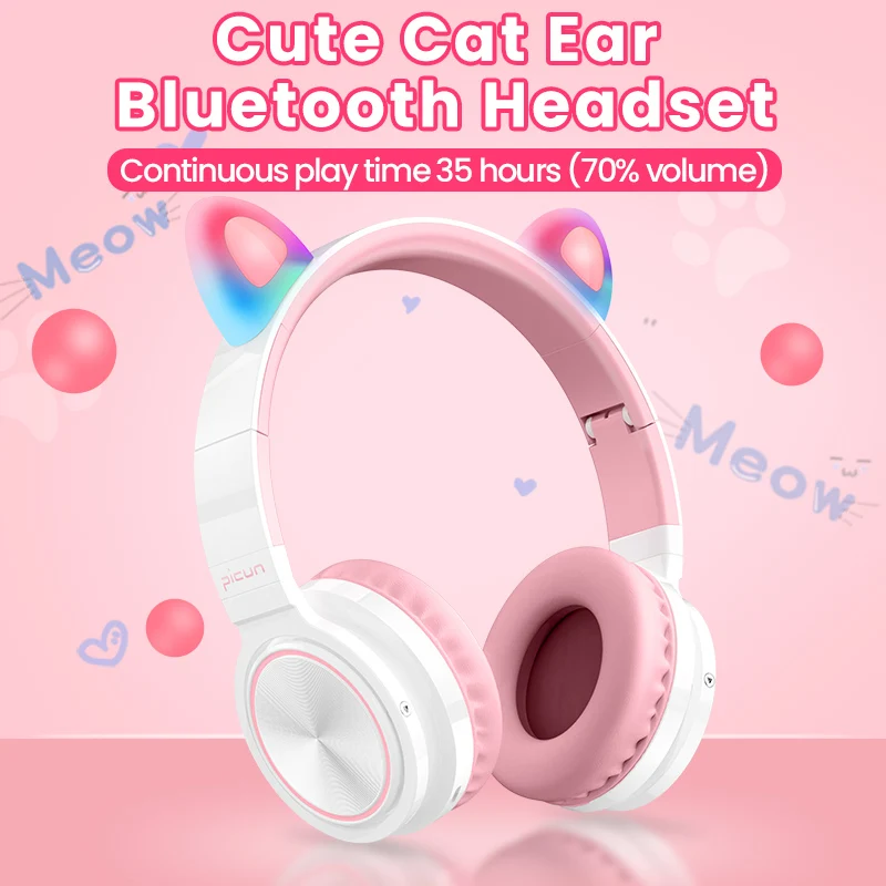Kids wireless bluetooth headset music stereo noise canceling headphone LED luminous cat ear girl daughter gift with microphone
