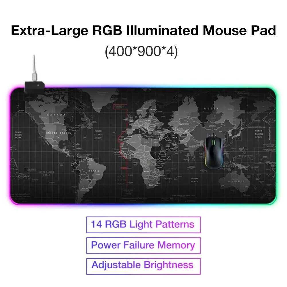 Игровой коврик для мыши RGB Gamer компьютерная карта мира коврик для мыши светодиодный коврик с подсветкой XXL для настольной клавиатуры Компьютерные мыши с подсветкой коврик